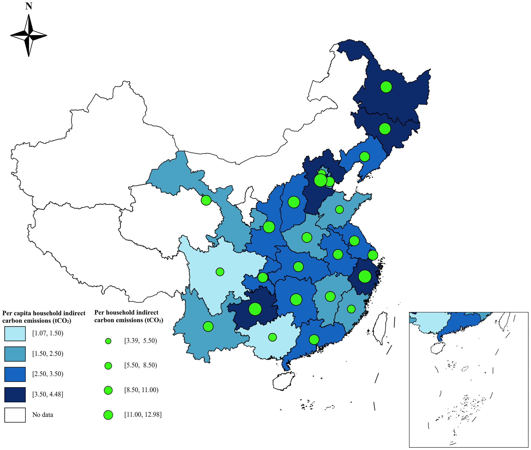 中国家庭间接碳排放的区域地图，分别以颜色和圆点表示人均与户均排放。