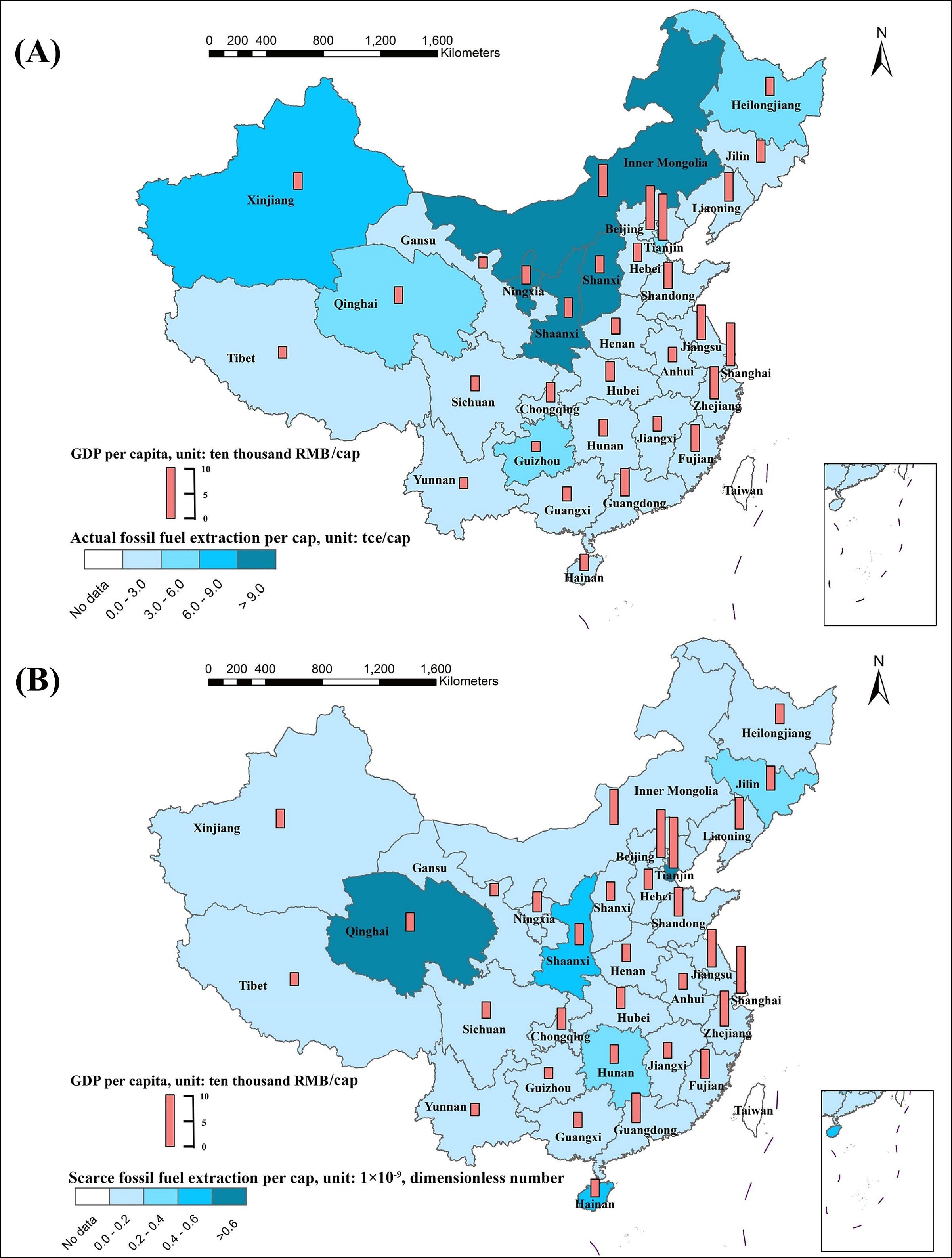 中国省级稀缺性加权化石燃料足迹：正文图 1