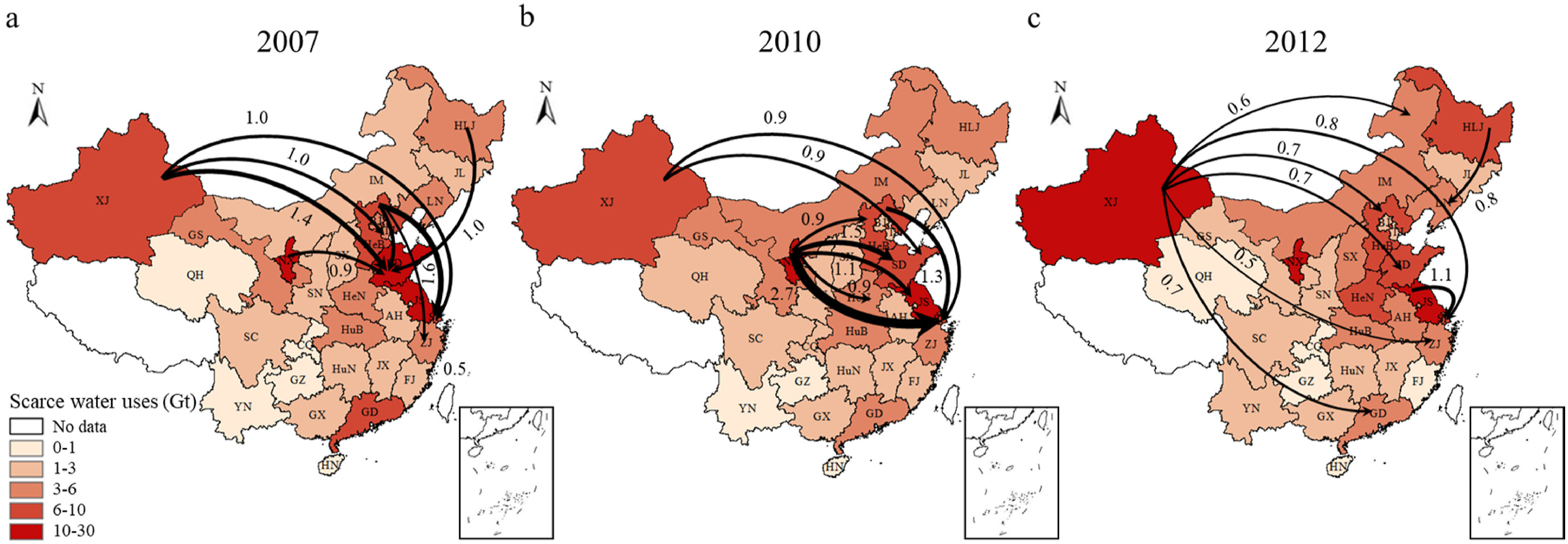 中国各地区食物相关稀缺水资源使用变化的社会经济决定因素：正文图 1
